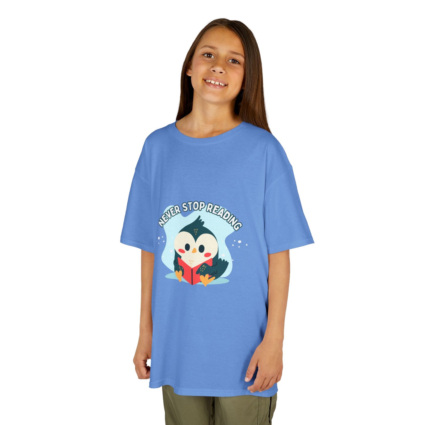 Kids Reading Penguin T-Shirt | 'Never Stop Reading' | Fun & Comfortable Heavy Cotton Shirt