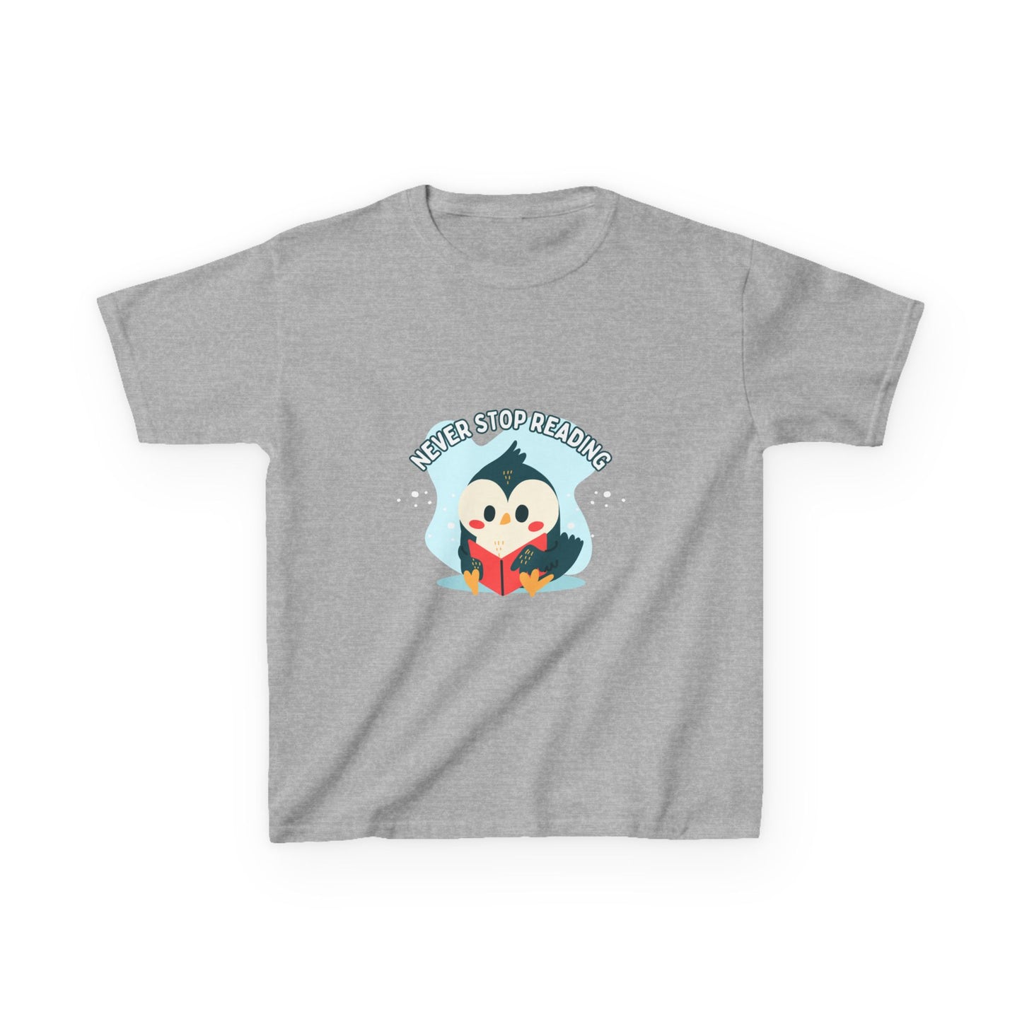 Kids Reading Penguin T-Shirt | 'Never Stop Reading' | Fun & Comfortable Heavy Cotton Shirt