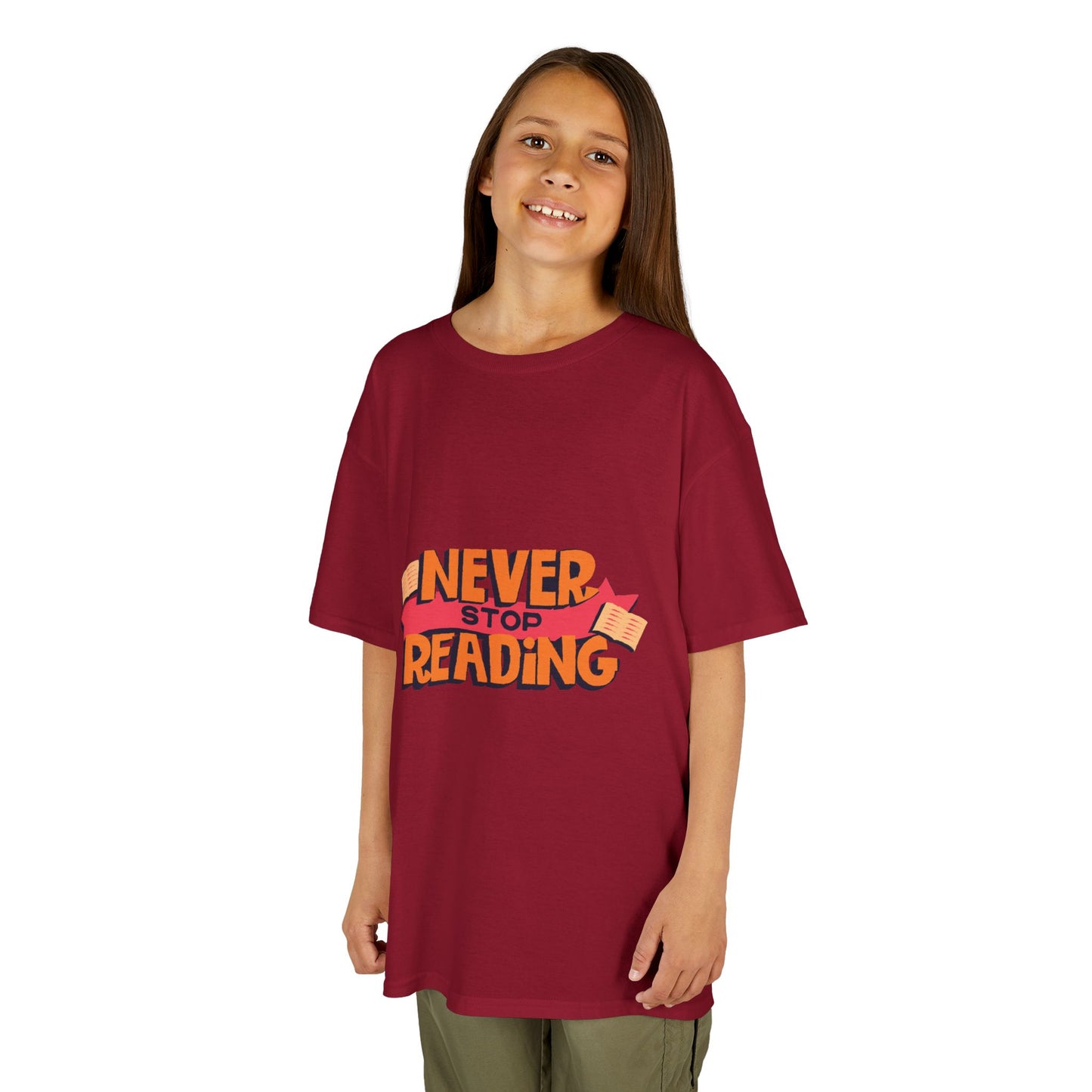 Kids 'Never Stop Reading' Heavy Cotton T-Shirt | Perfect Gift for Young Book Lovers