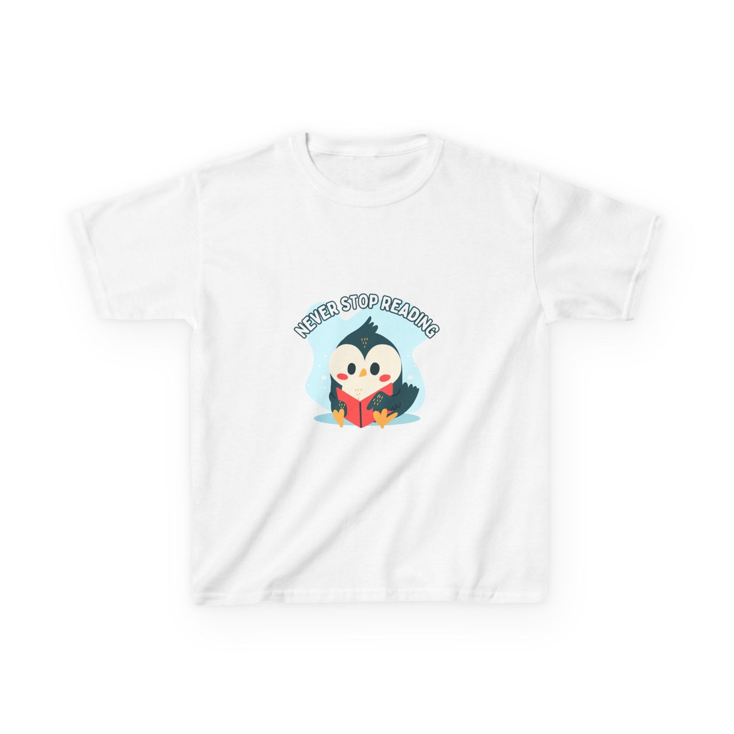 Kids Reading Penguin T-Shirt | 'Never Stop Reading' | Fun & Comfortable Heavy Cotton Shirt