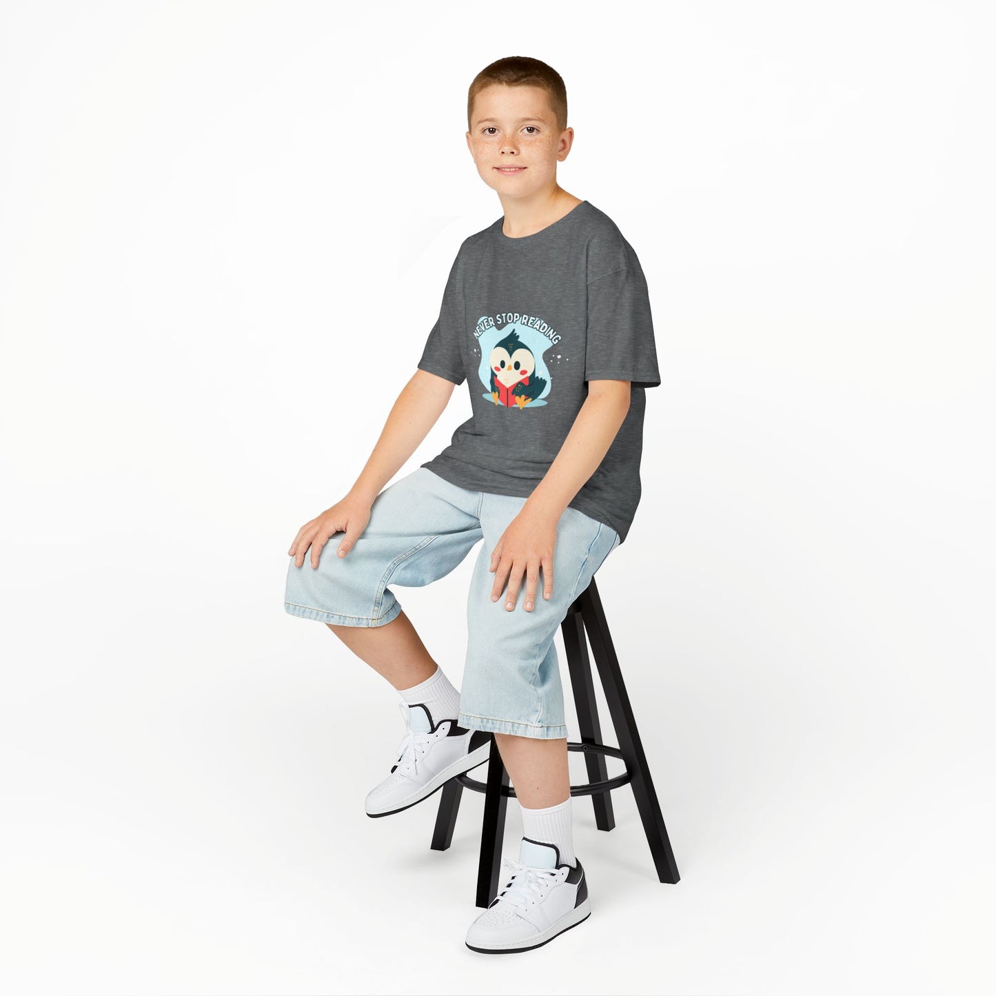 Kids Reading Penguin T-Shirt | 'Never Stop Reading' | Fun & Comfortable Heavy Cotton Shirt