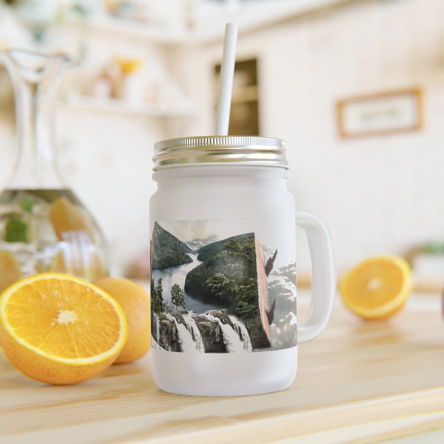 Fantasy-Inspired Mason Jar with Straw - Scenic Fantasy Book Design