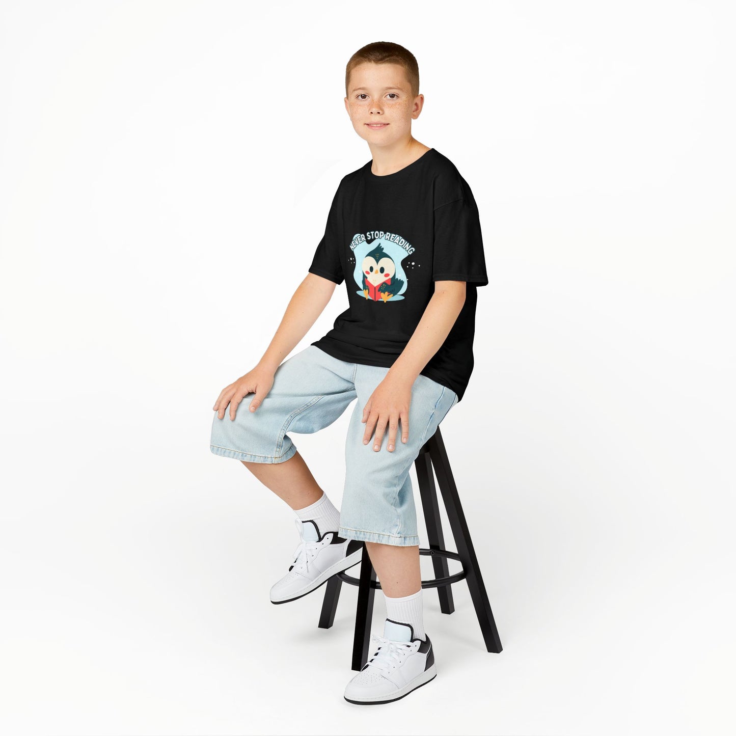 Kids Reading Penguin T-Shirt | 'Never Stop Reading' | Fun & Comfortable Heavy Cotton Shirt