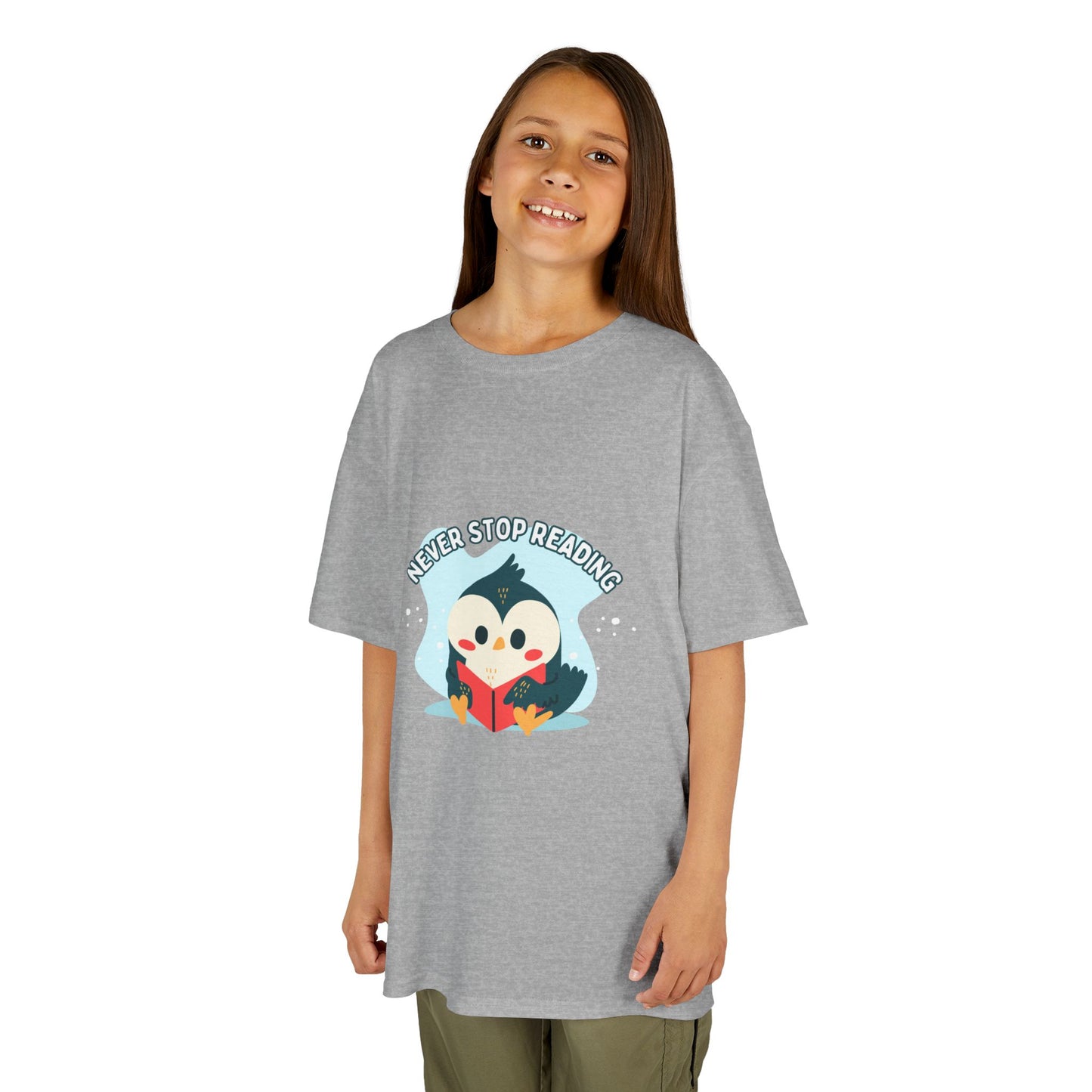 Kids Reading Penguin T-Shirt | 'Never Stop Reading' | Fun & Comfortable Heavy Cotton Shirt