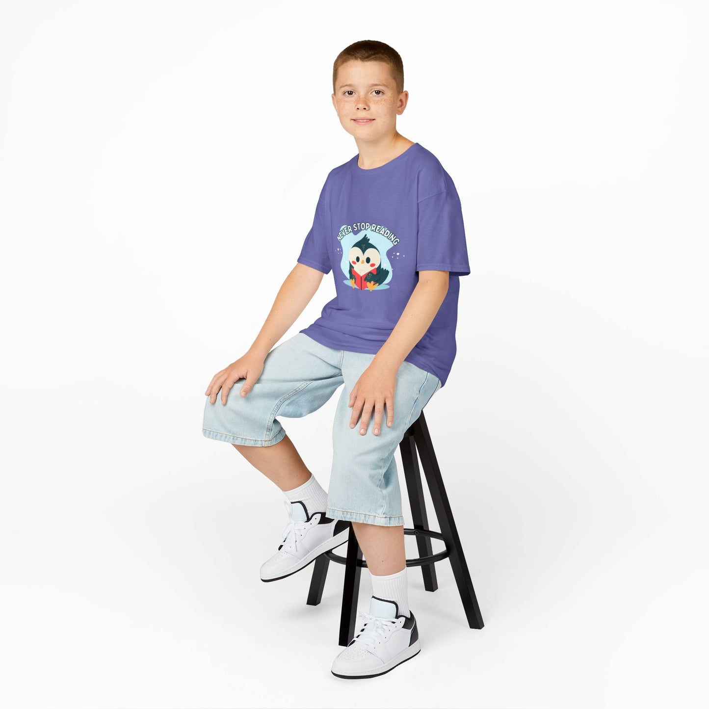 Kids Reading Penguin T-Shirt | 'Never Stop Reading' | Fun & Comfortable Heavy Cotton Shirt