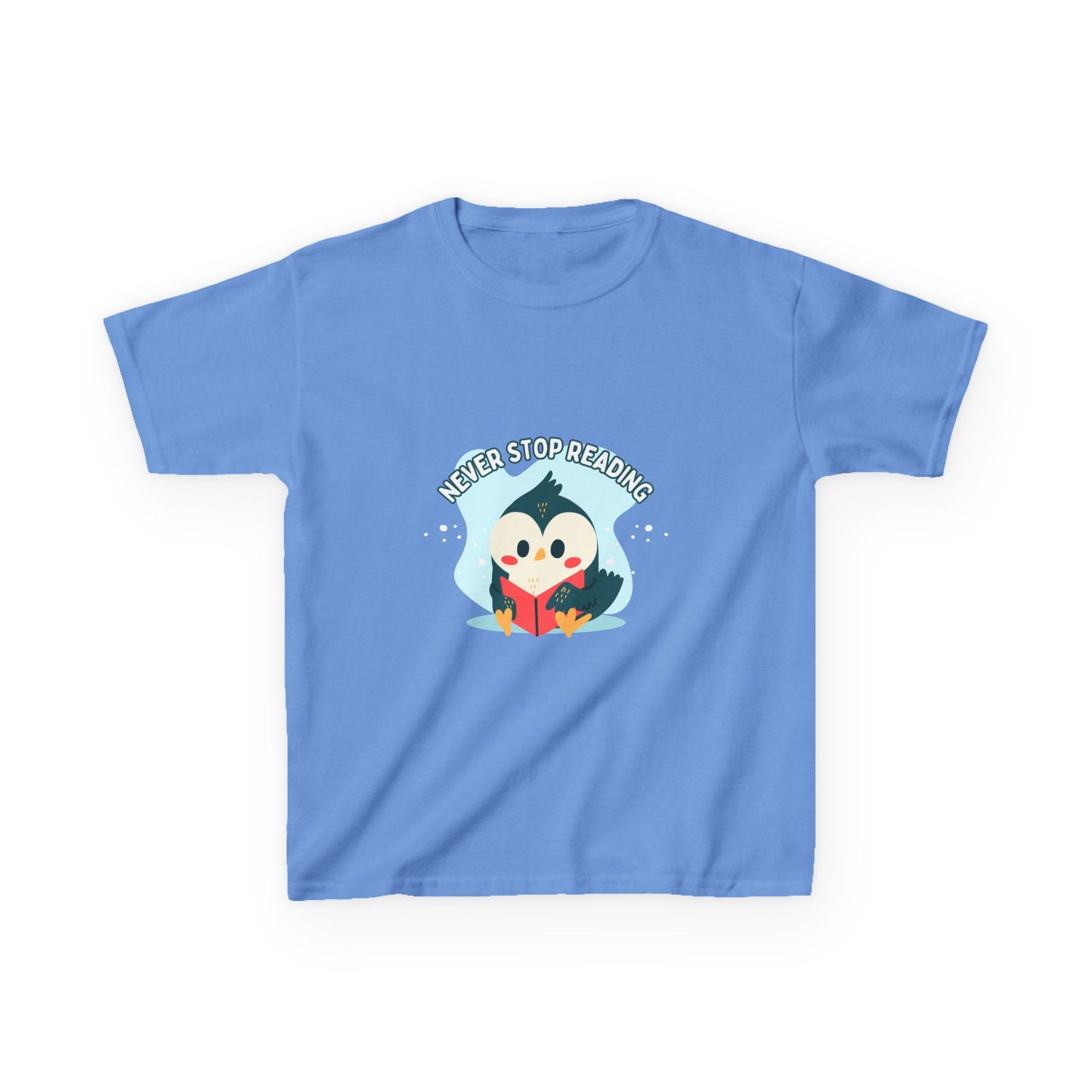 Kids Reading Penguin T-Shirt | 'Never Stop Reading' | Fun & Comfortable Heavy Cotton Shirt