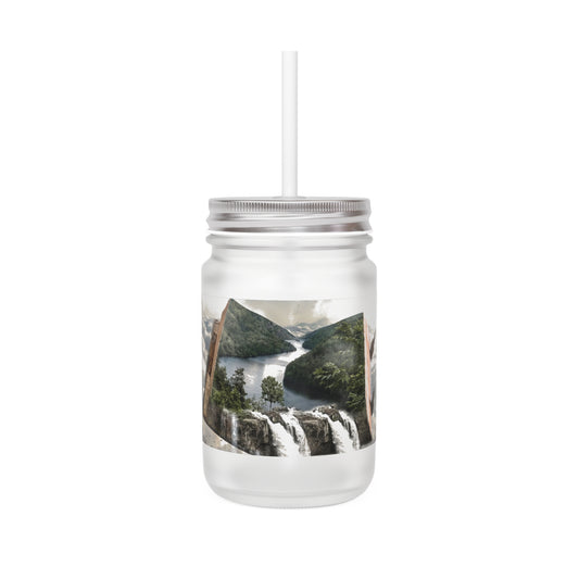 Fantasy-Inspired Mason Jar with Straw - Scenic Fantasy Book Design