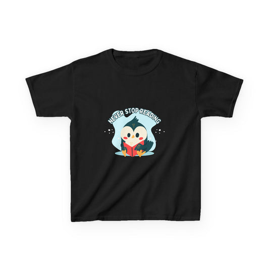 Kids Reading Penguin T-Shirt | 'Never Stop Reading' | Fun & Comfortable Heavy Cotton Shirt