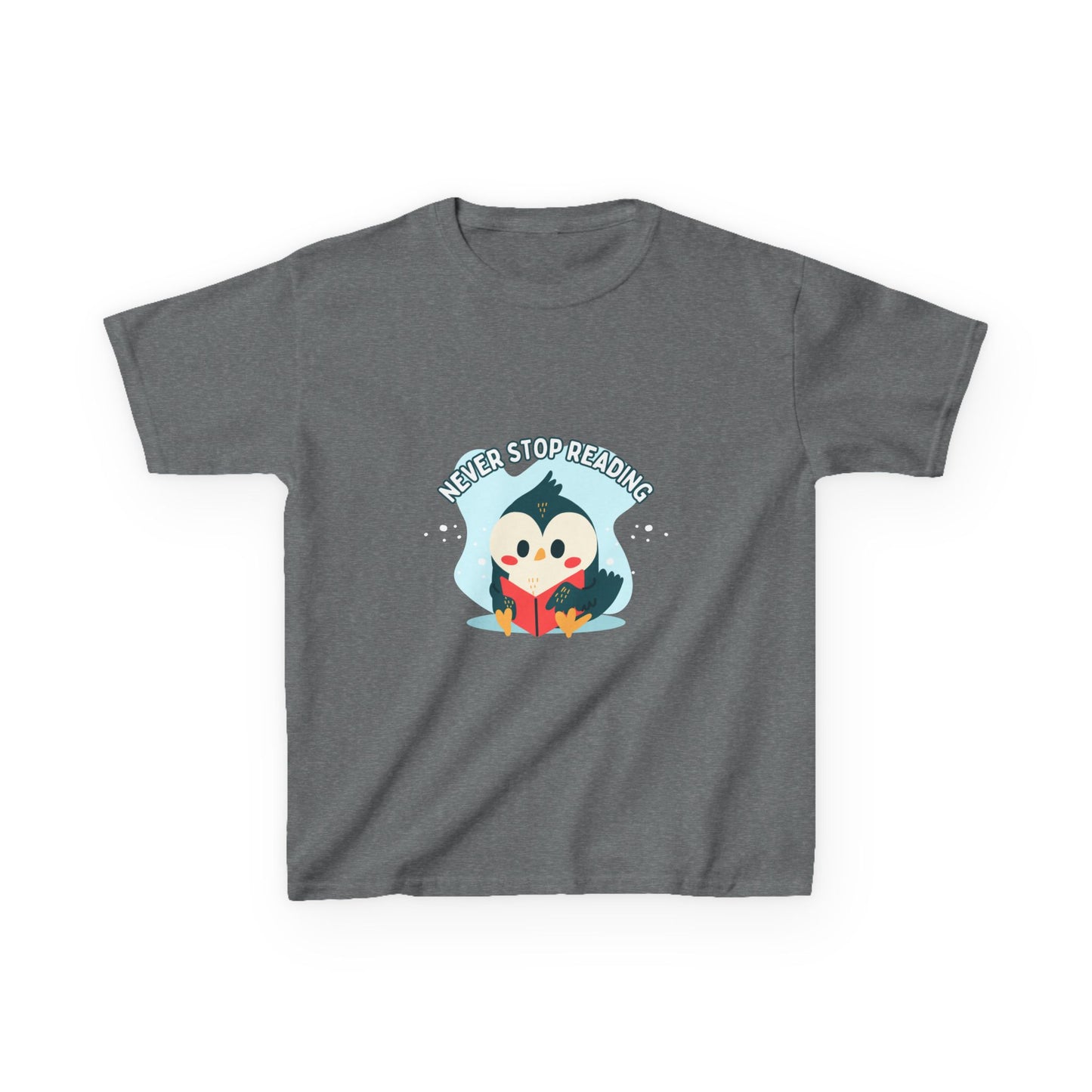 Kids Reading Penguin T-Shirt | 'Never Stop Reading' | Fun & Comfortable Heavy Cotton Shirt