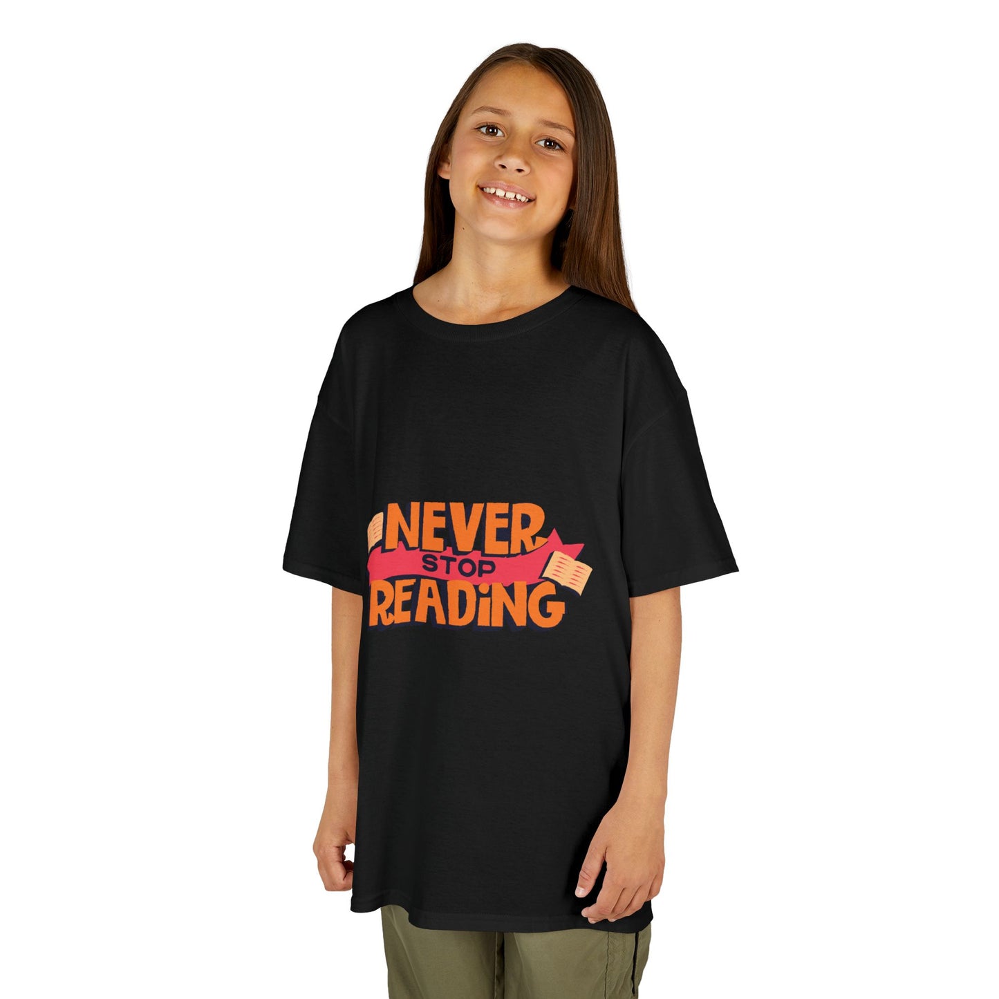 Kids 'Never Stop Reading' Heavy Cotton T-Shirt | Perfect Gift for Young Book Lovers