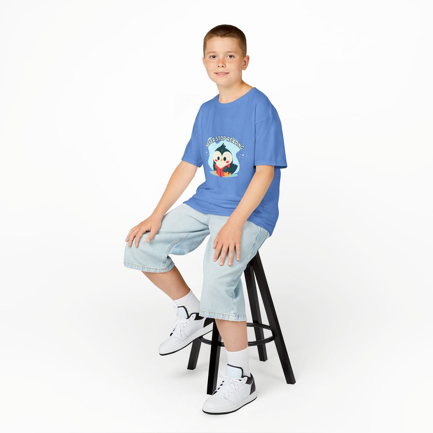 Kids Reading Penguin T-Shirt | 'Never Stop Reading' | Fun & Comfortable Heavy Cotton Shirt