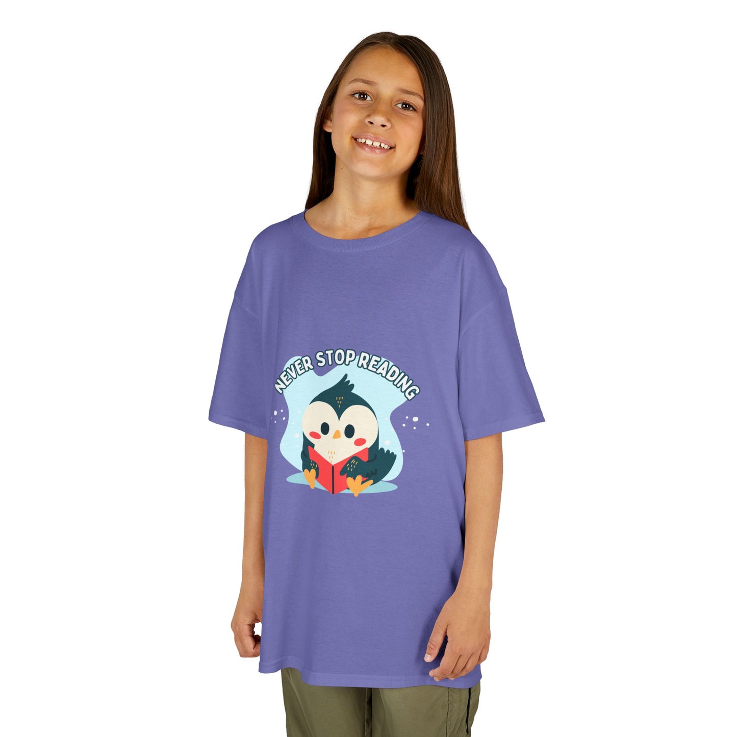 Kids Reading Penguin T-Shirt | 'Never Stop Reading' | Fun & Comfortable Heavy Cotton Shirt