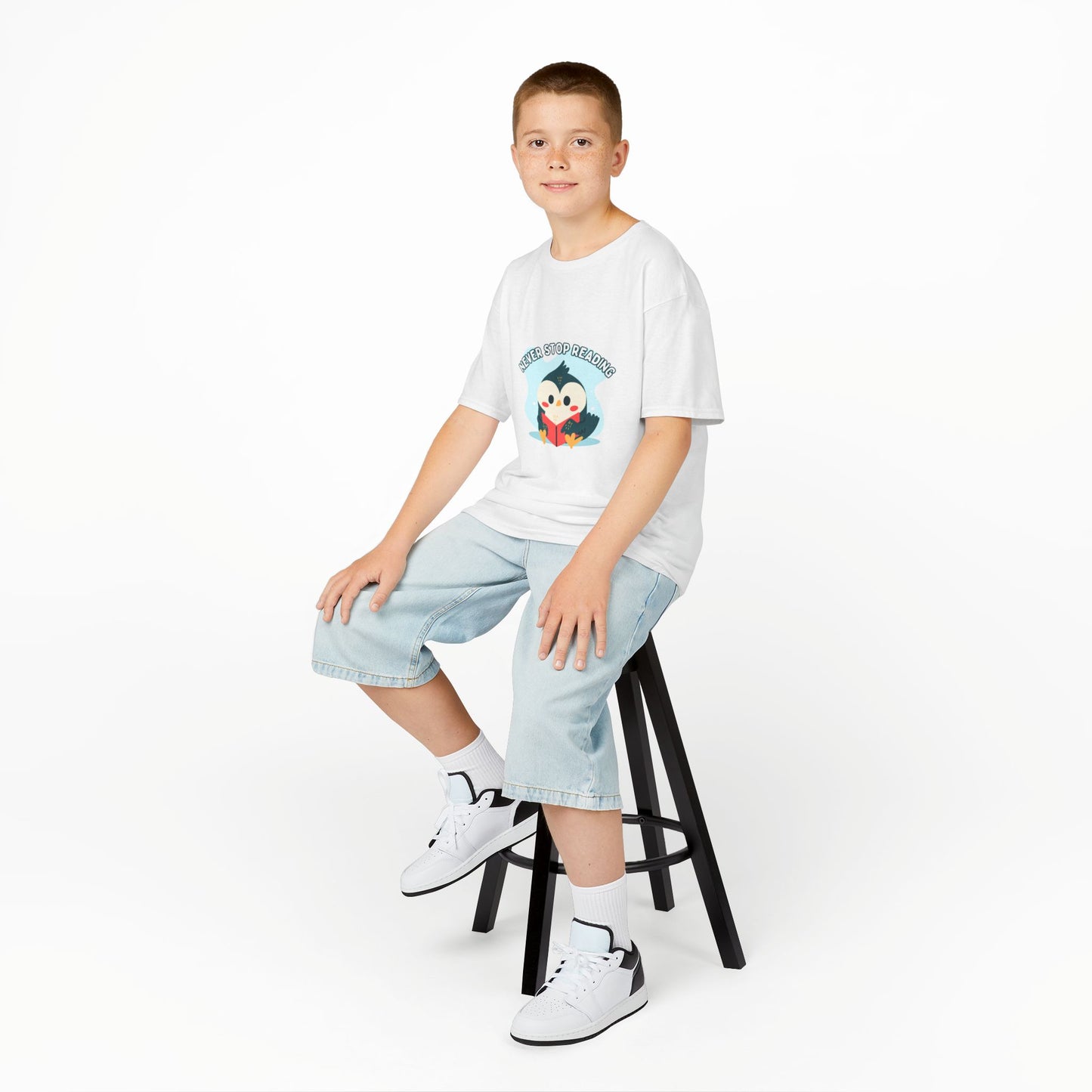 Kids Reading Penguin T-Shirt | 'Never Stop Reading' | Fun & Comfortable Heavy Cotton Shirt