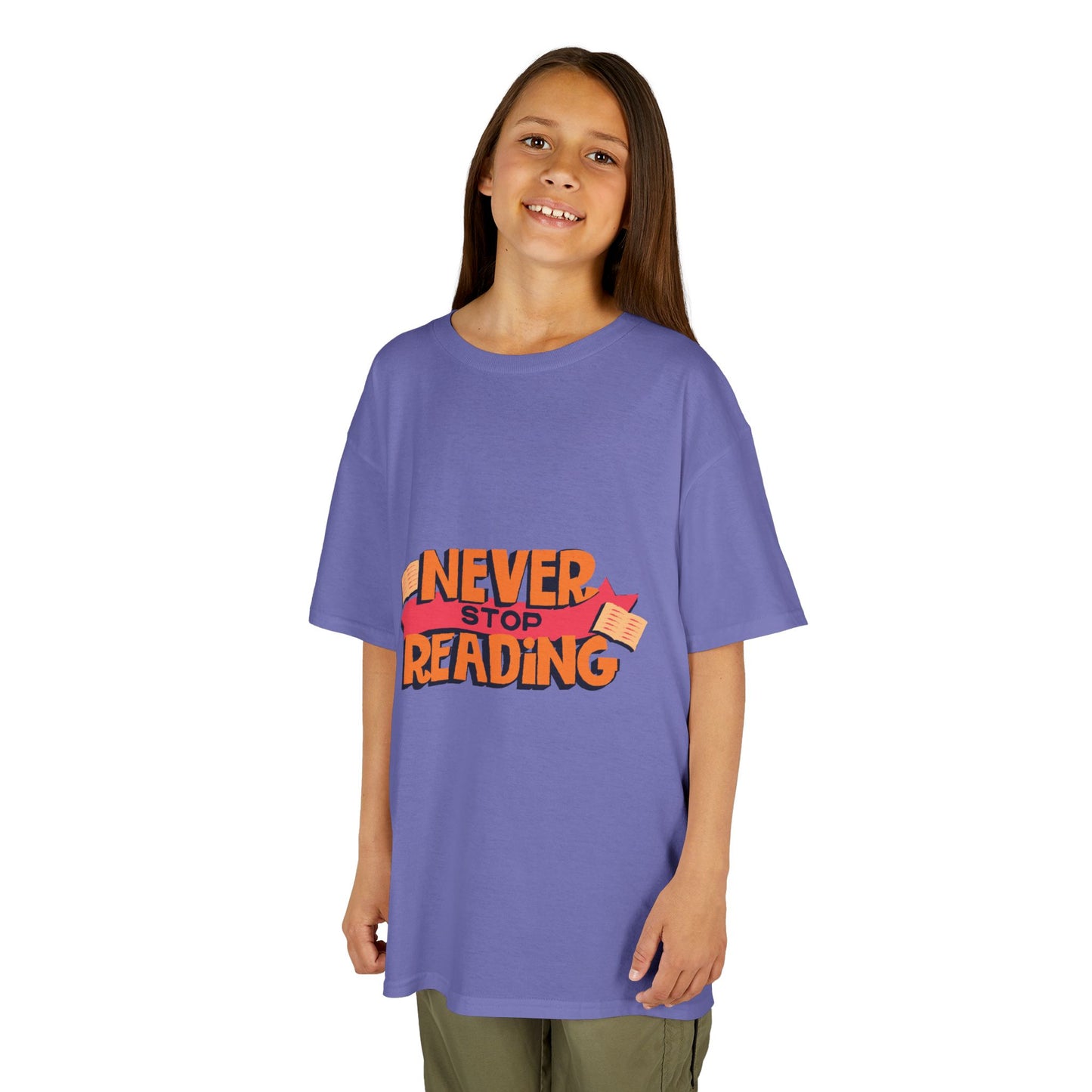 Kids 'Never Stop Reading' Heavy Cotton T-Shirt | Perfect Gift for Young Book Lovers