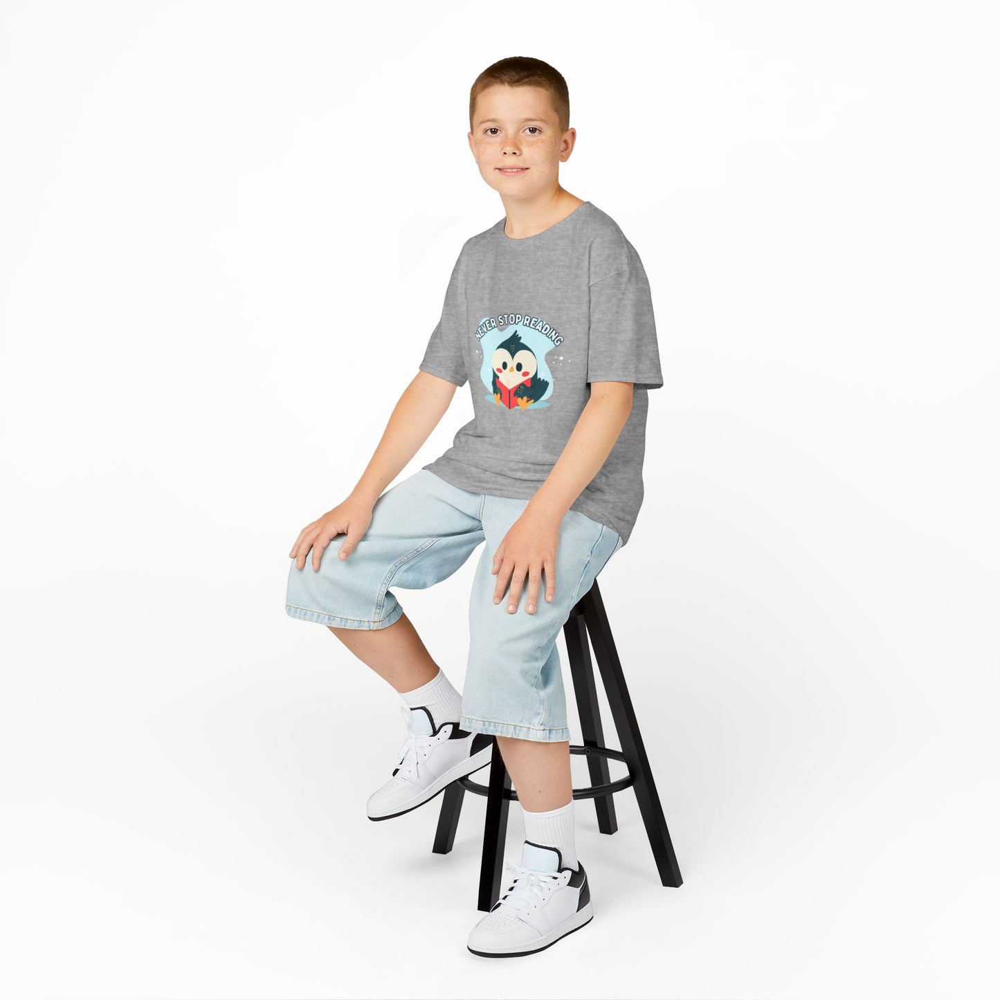 Kids Reading Penguin T-Shirt | 'Never Stop Reading' | Fun & Comfortable Heavy Cotton Shirt