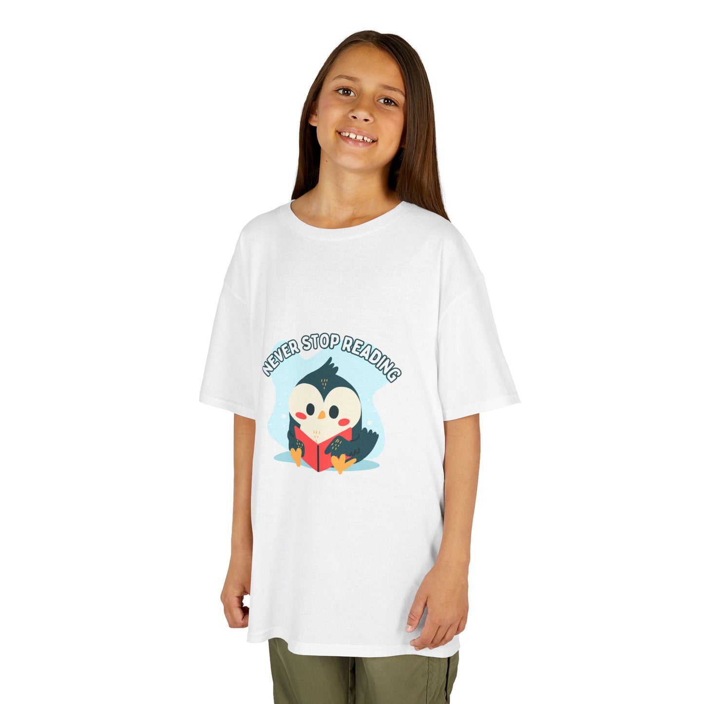 Kids Reading Penguin T-Shirt | 'Never Stop Reading' | Fun & Comfortable Heavy Cotton Shirt