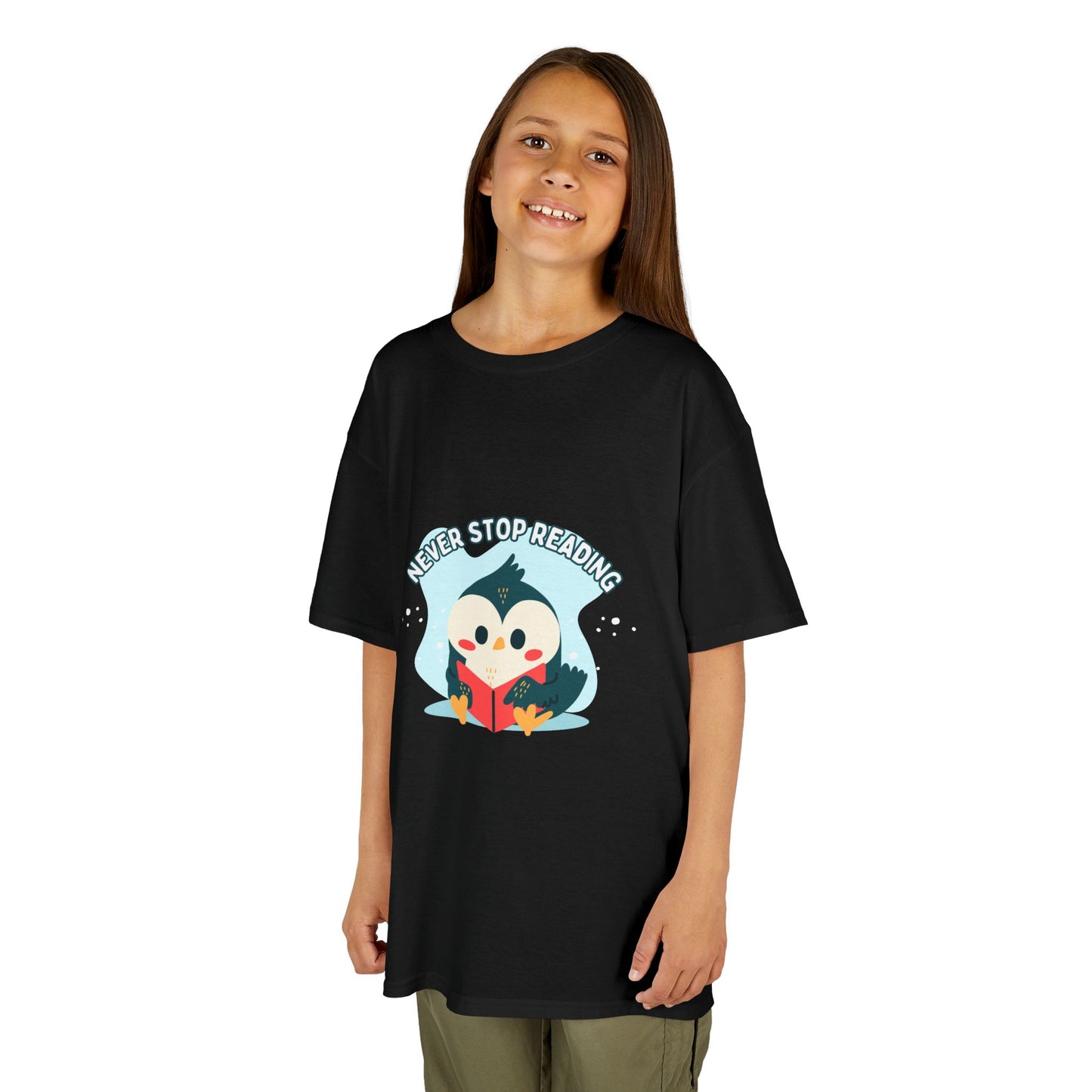 Kids Reading Penguin T-Shirt | 'Never Stop Reading' | Fun & Comfortable Heavy Cotton Shirt