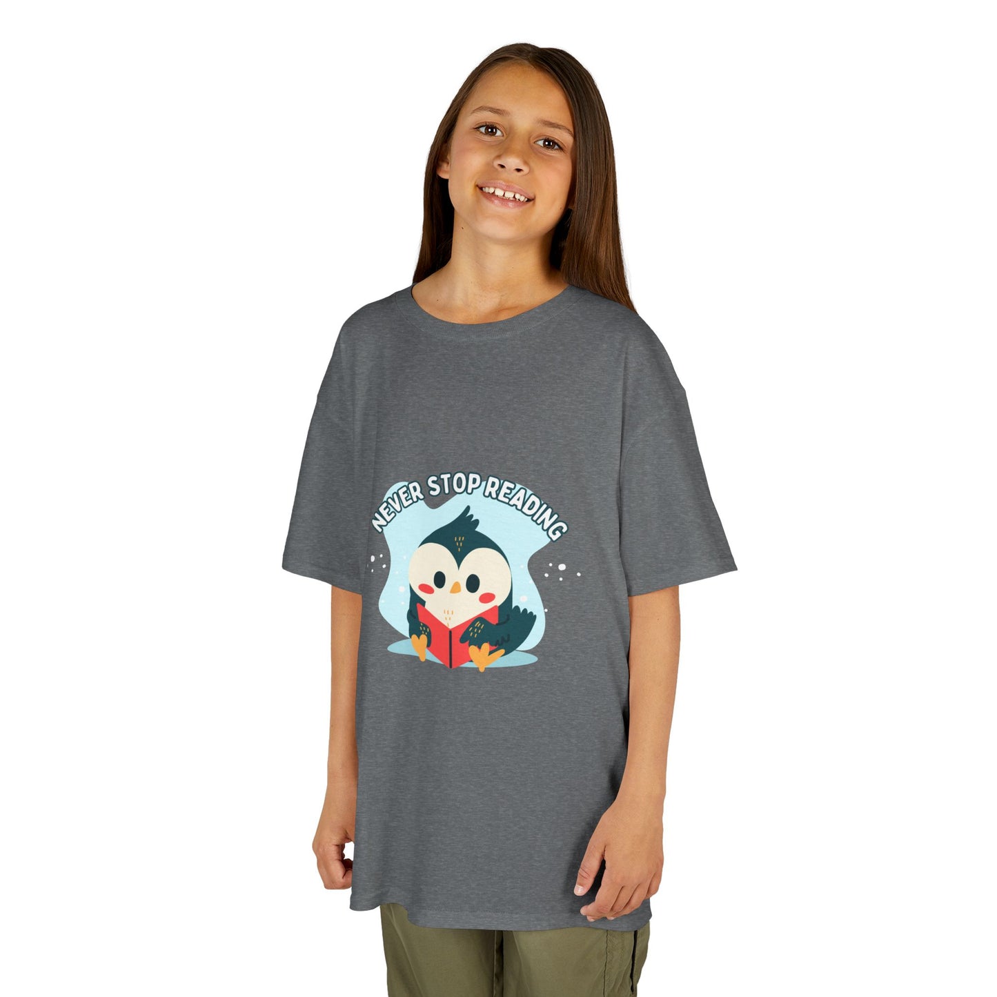 Kids Reading Penguin T-Shirt | 'Never Stop Reading' | Fun & Comfortable Heavy Cotton Shirt