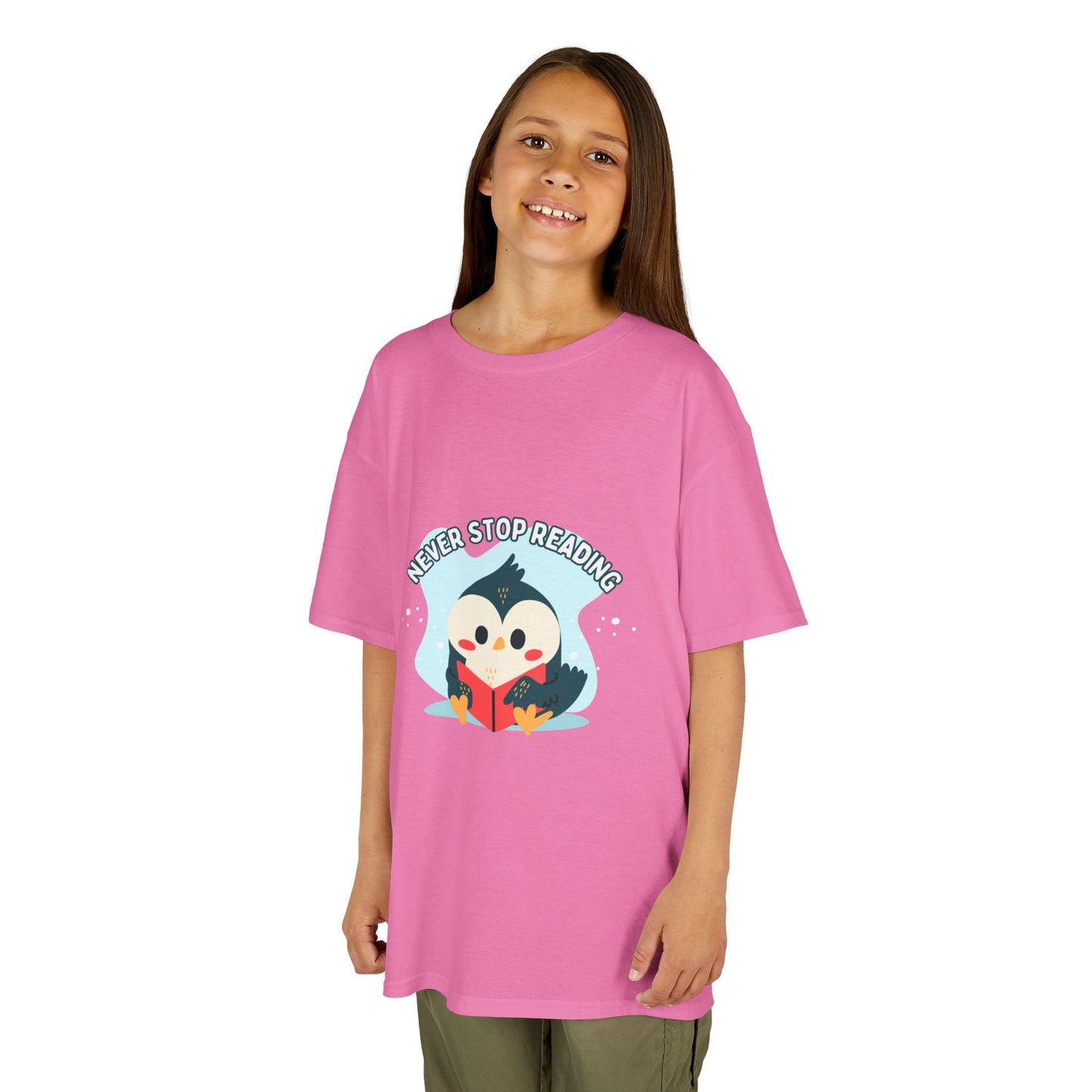 Kids Reading Penguin T-Shirt | 'Never Stop Reading' | Fun & Comfortable Heavy Cotton Shirt